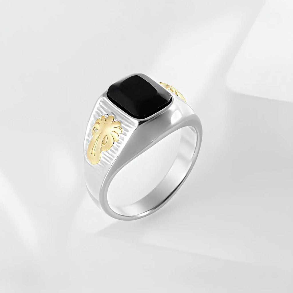 Classic Sunflower Black Gemstone Stainless Steel Ring for Men | K002789