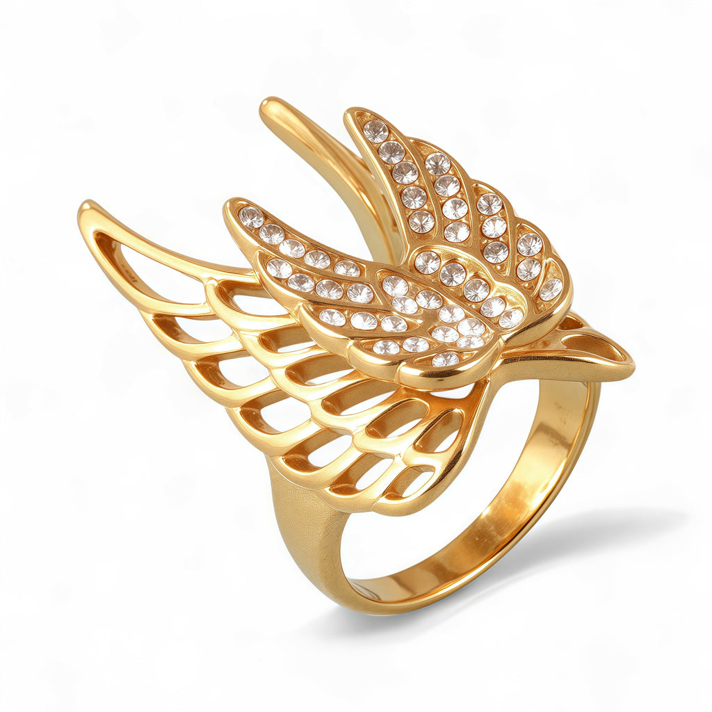 24k Gold Inlaid Crystal Wing Pattern Stainless Steel Female Ring丨C-306