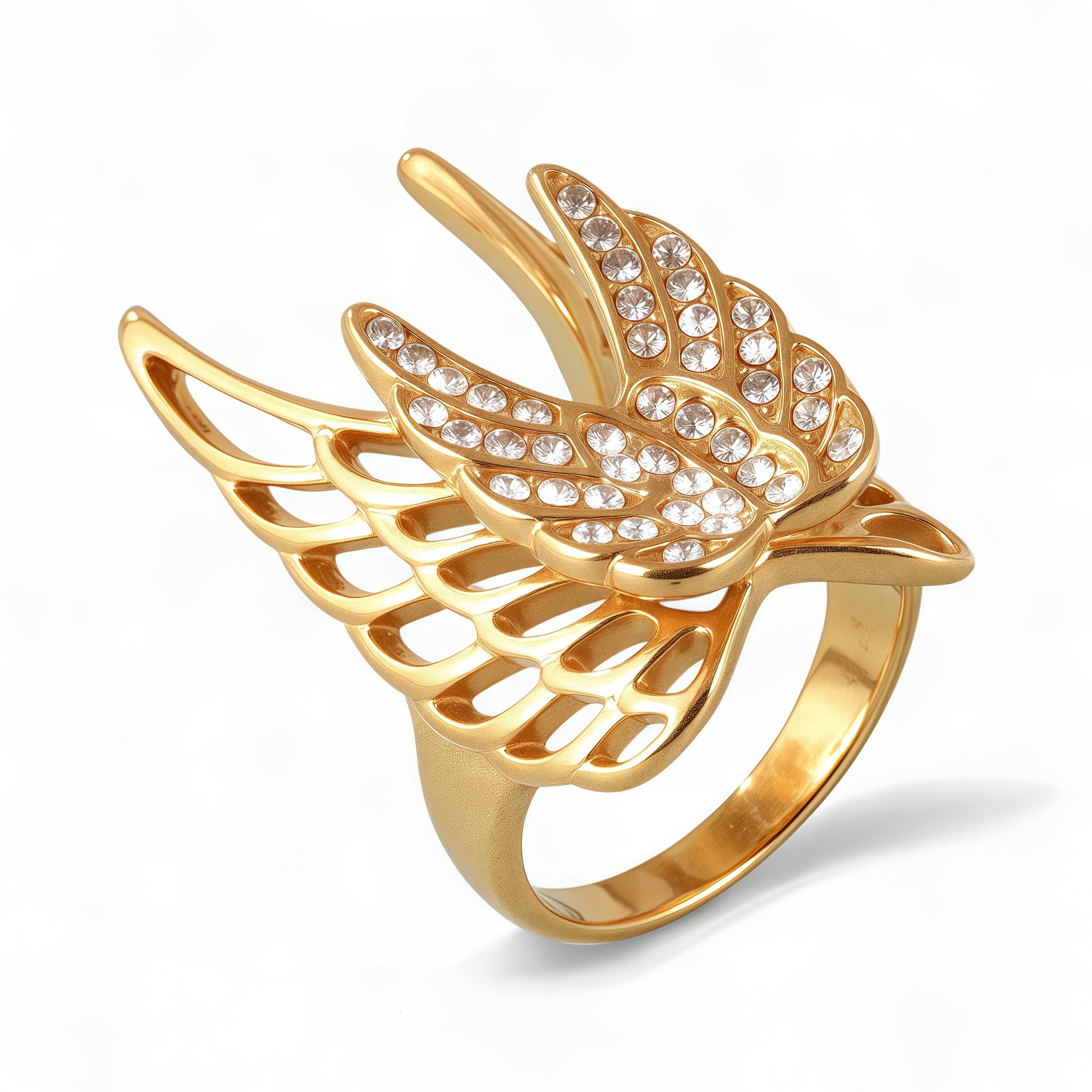 24k Gold Inlaid Crystal Wing Pattern Stainless Steel Female Ring丨C-306