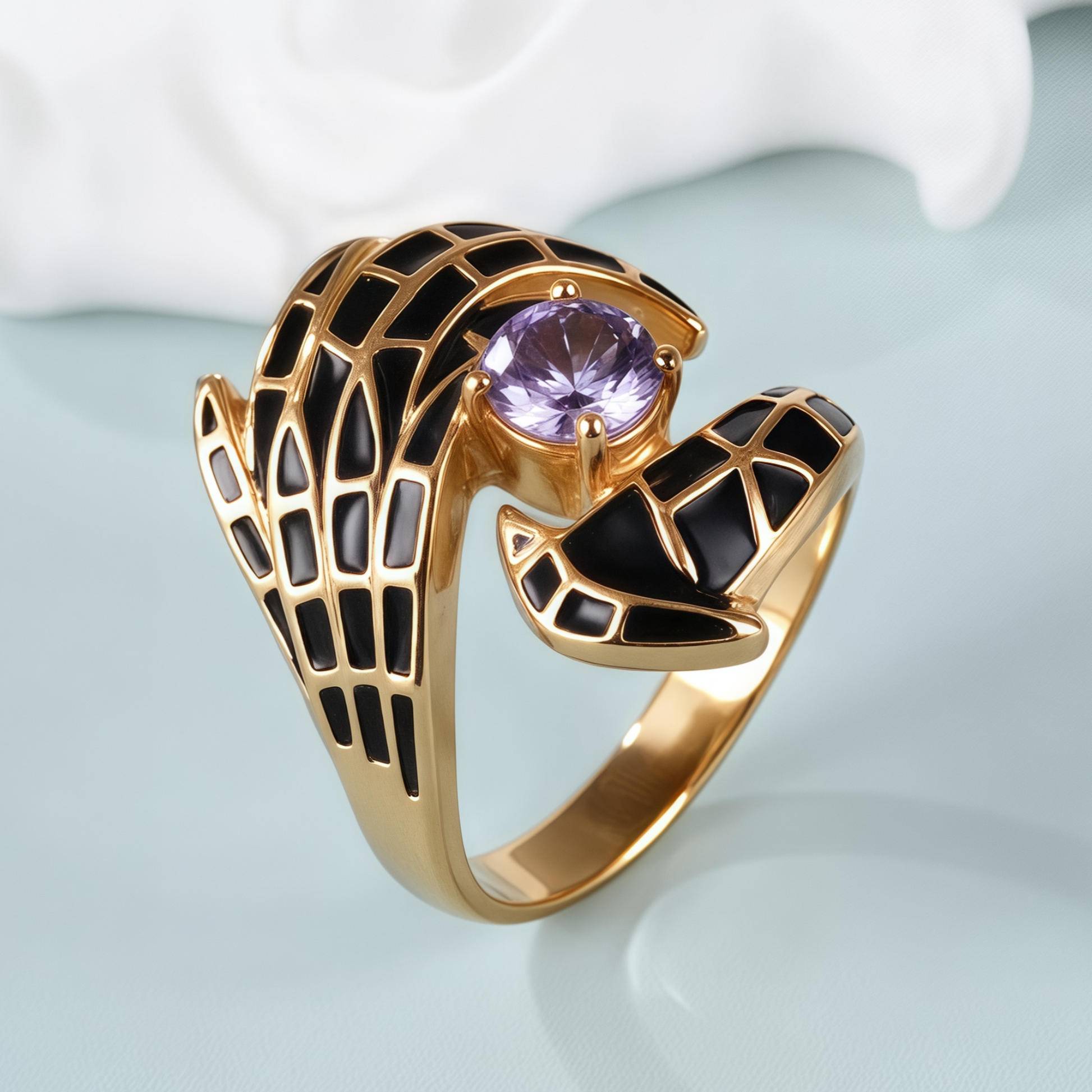 Creative Gemstone and Black Enamel Stainless Steel Women's Ring丨C-309