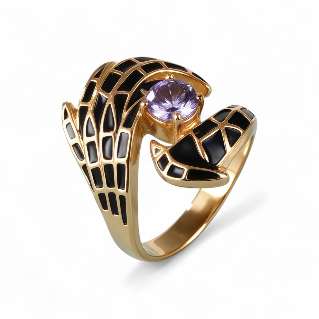 Creative Gemstone and Black Enamel Stainless Steel Women's Ring丨C-309