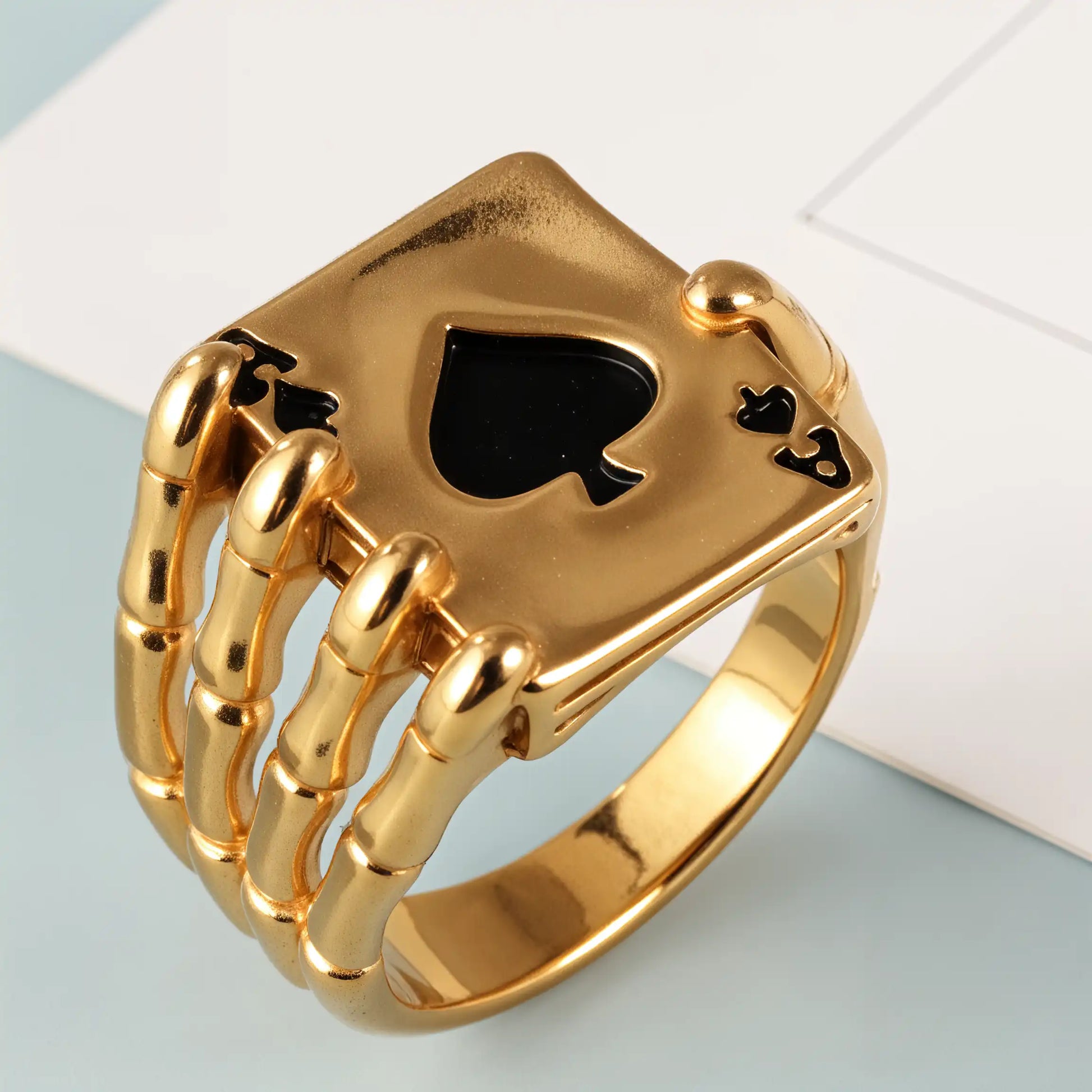 Fashionable Unique Skull Holding Playing Cards Stainless Steel Men's Ring丨G003770