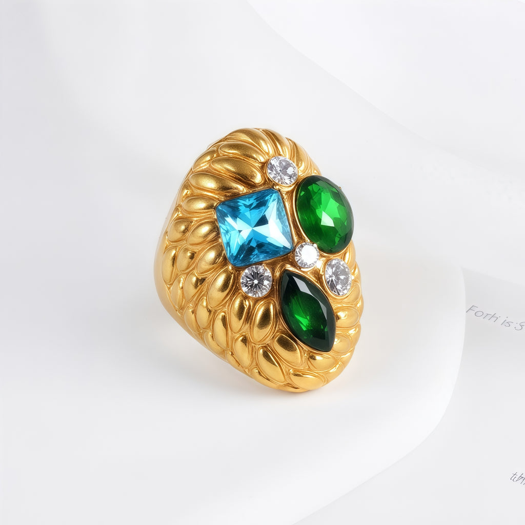 Stylish Embossed Colorful Gemstone Stainless Steel Ring for Women | G004467
