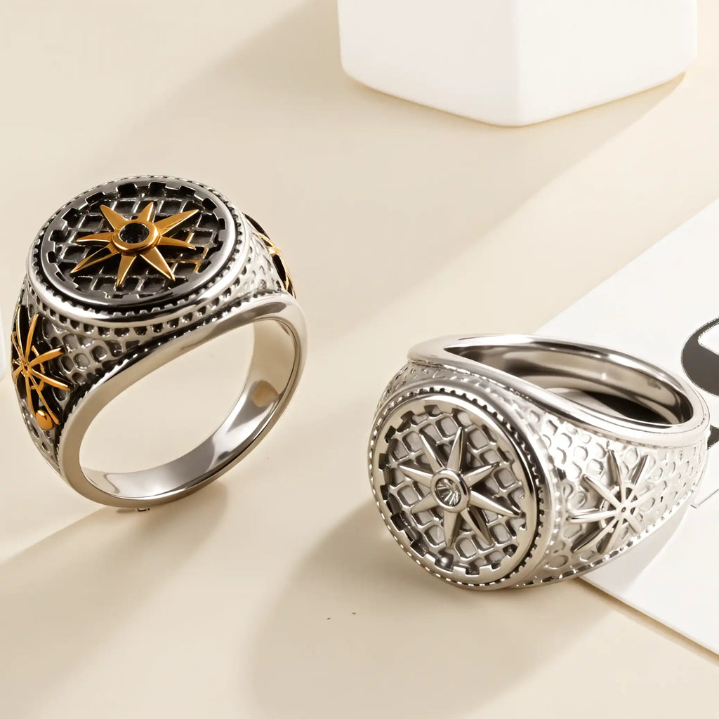 Mens Vintage Stainless Steel Compass Ring Retro Nautical Jewelry | G002130