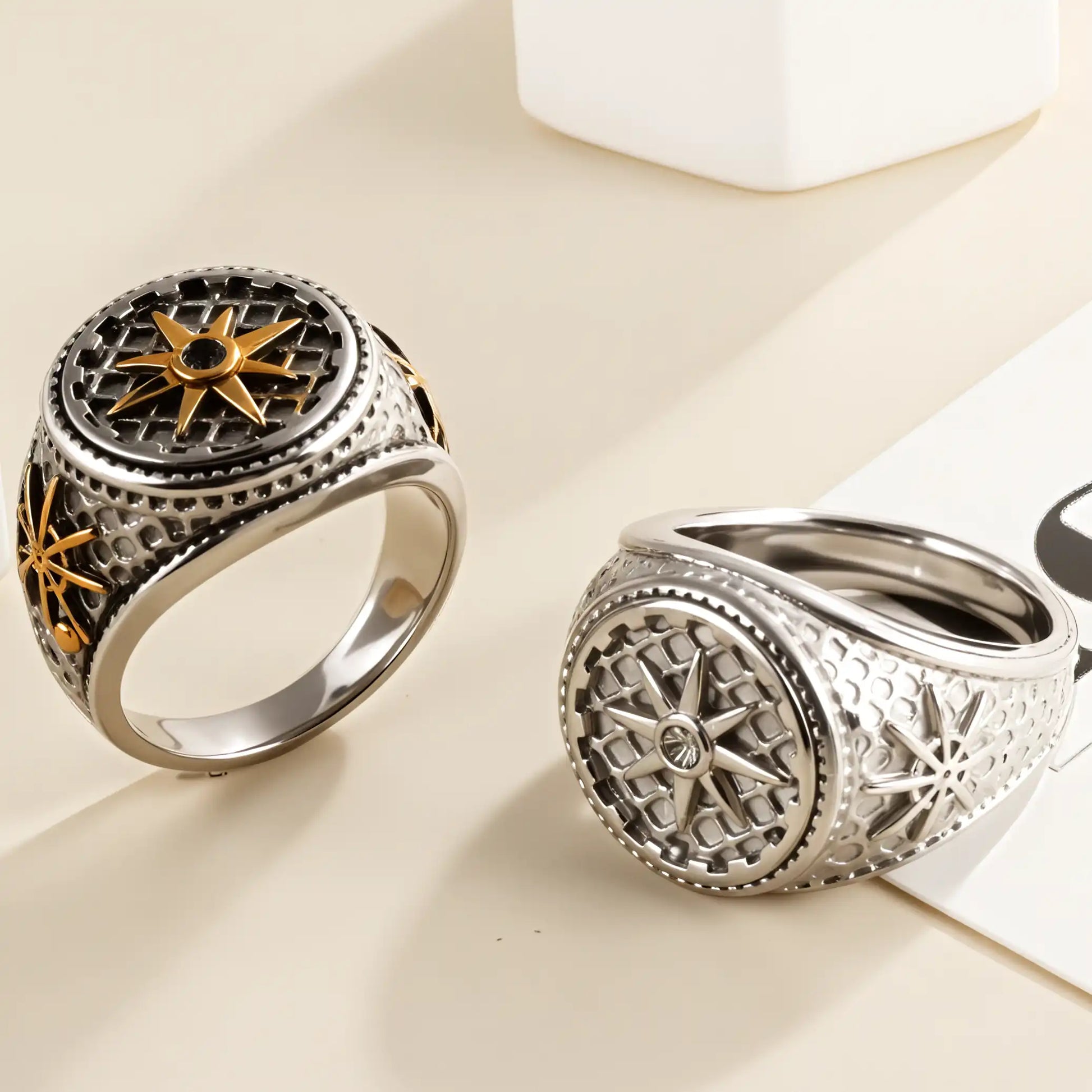 Mens Vintage Stainless Steel Compass Ring Retro Nautical Jewelry | G002130