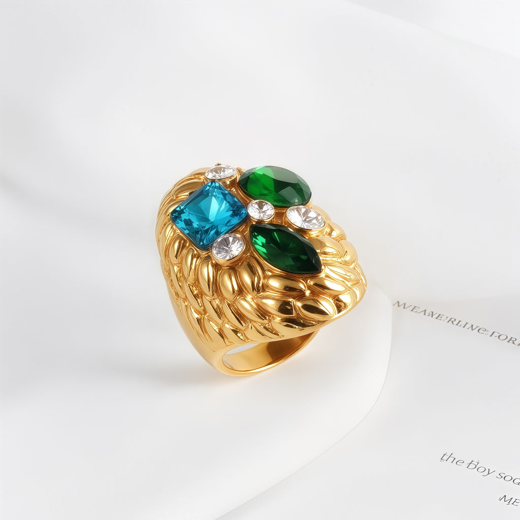 Stylish Embossed Colorful Gemstone Stainless Steel Ring for Women | G004467