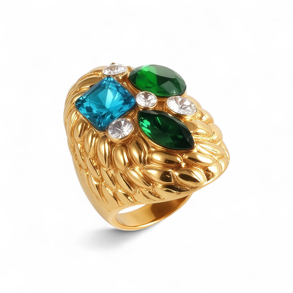 Stylish Embossed Colorful Gemstone Stainless Steel Ring for Women | G004467