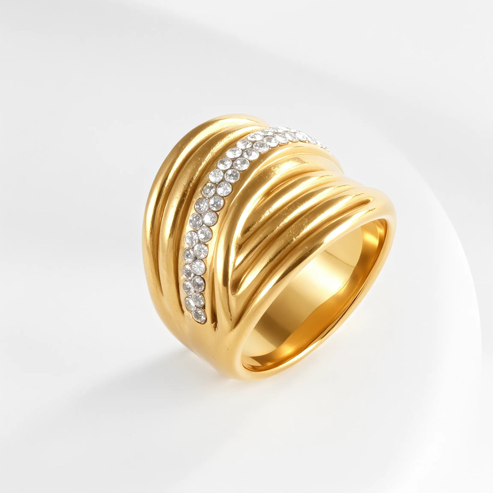 Wavy Design Diamond Inlay Ring Women's Fashion Gold Stainless Steel Band | G003860