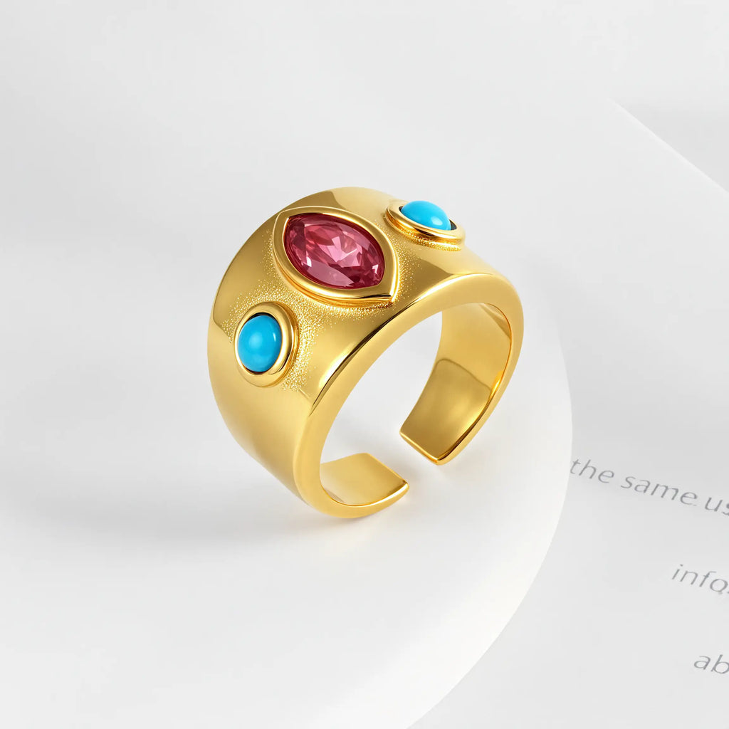 24K Gold-Plated Gem-Set Stainless Steel Unisex Waterproof Ring With Open Opening丨G003334