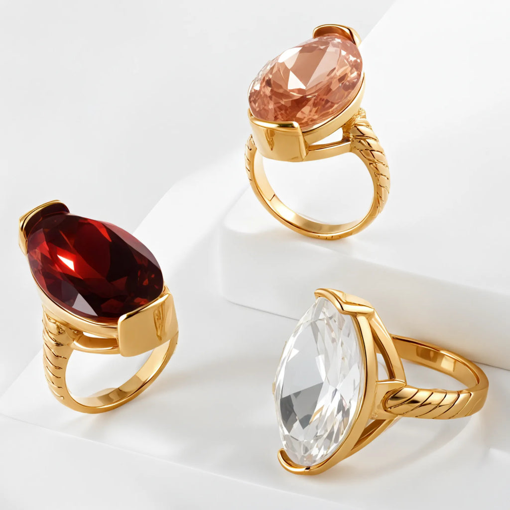 Luxurious Gemstone Inlay Ring Gold Stainless Steel Women's Band | BL1198