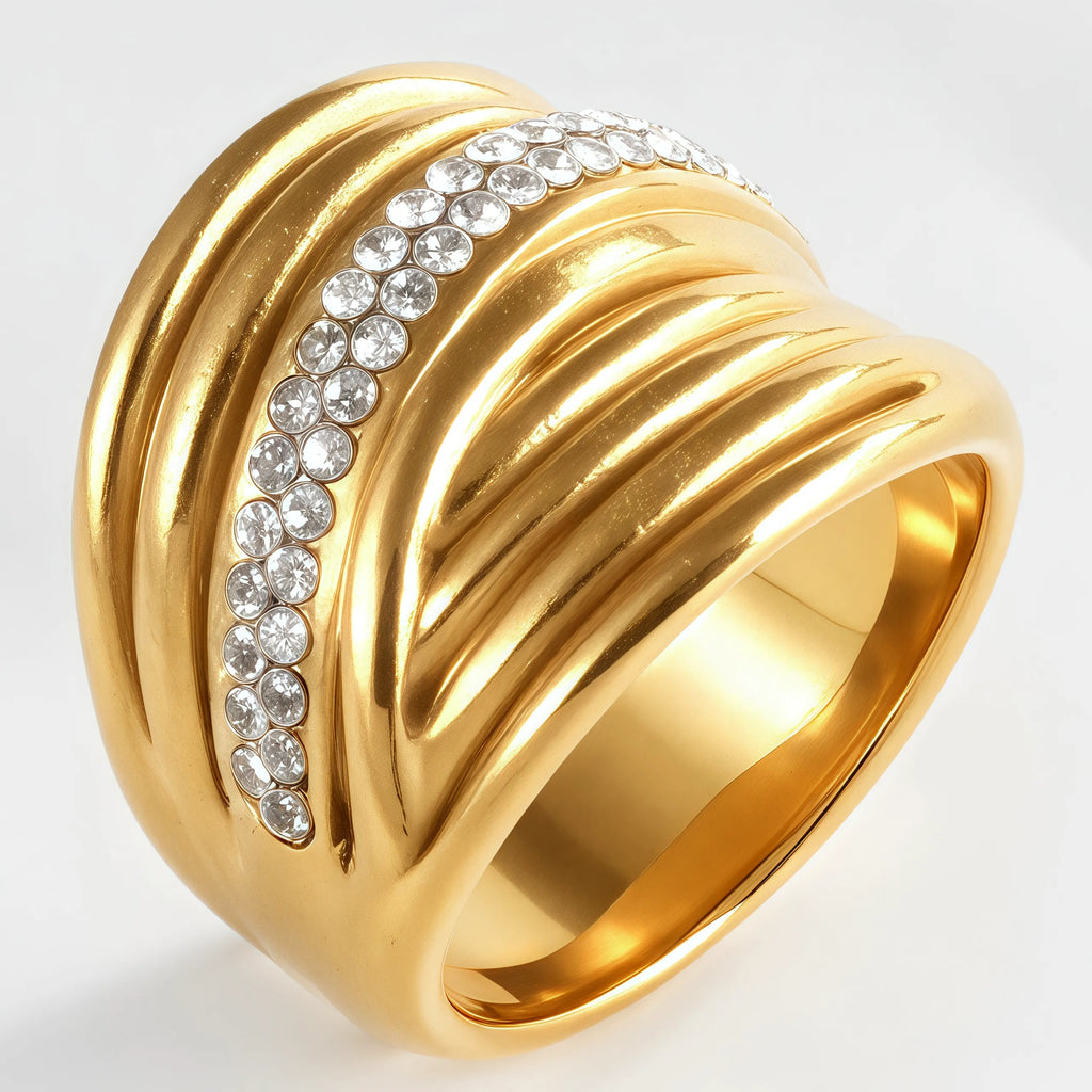 Wavy Design Diamond Inlay Ring Women's Fashion Gold Stainless Steel Band | G003860
