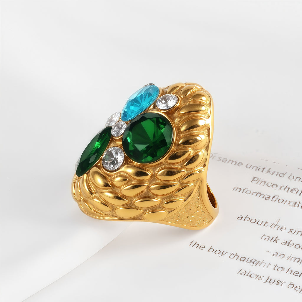 Stylish Embossed Colorful Gemstone Stainless Steel Ring for Women | G004467