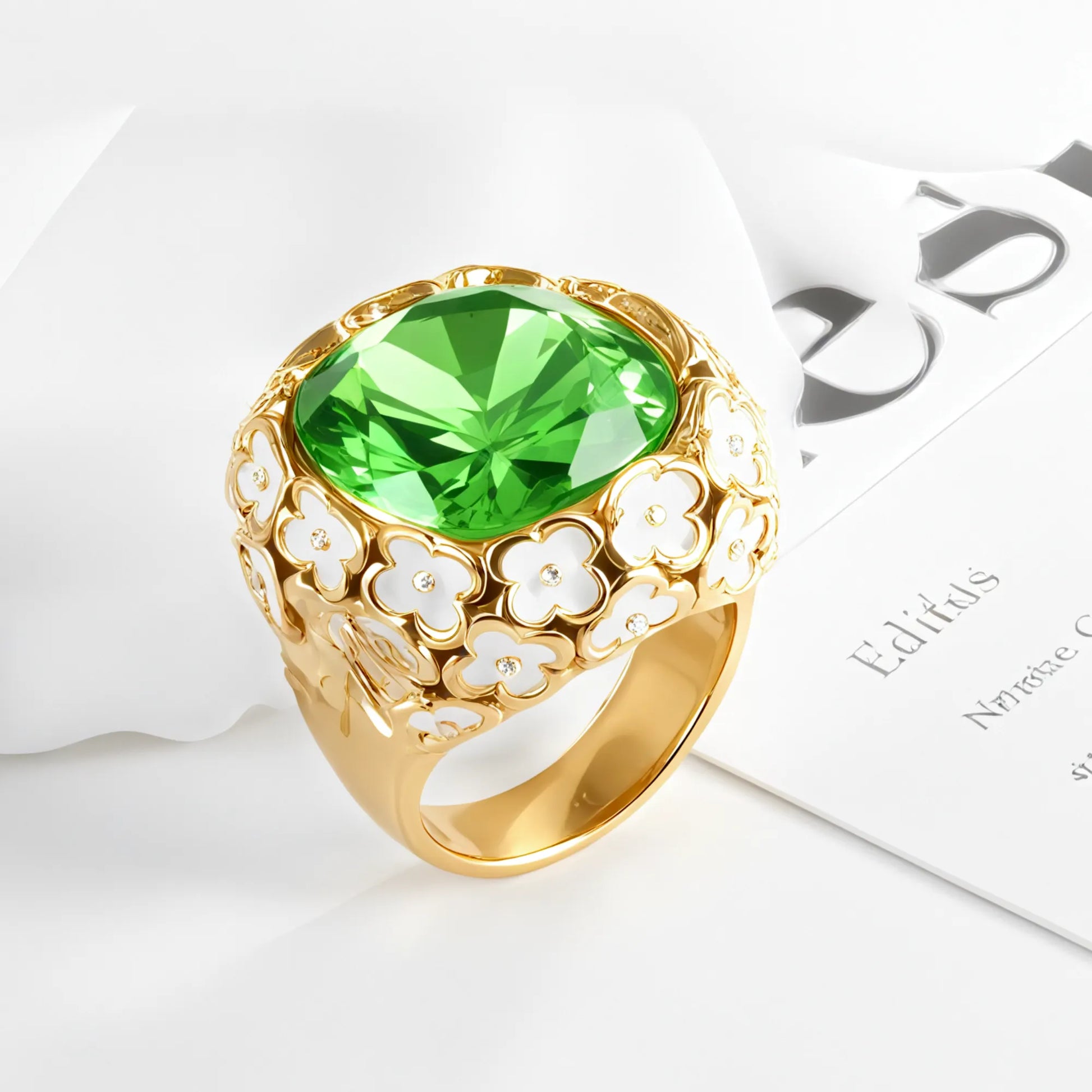 Vintage Inspired Flower Border Stainless Steel Gemstone Ring Women Ring | G004468