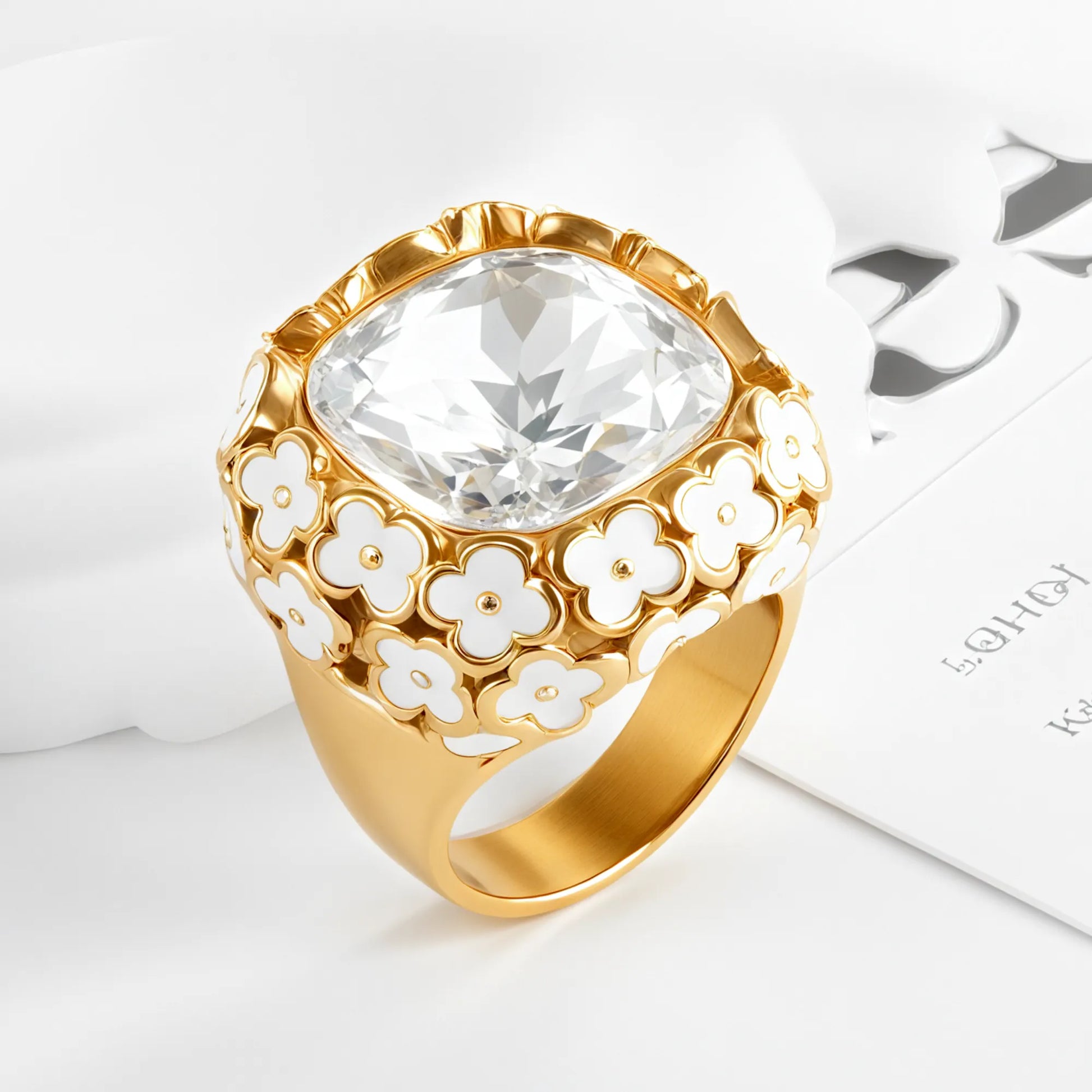Vintage Inspired Flower Border Stainless Steel Gemstone Ring Women Ring | G004468