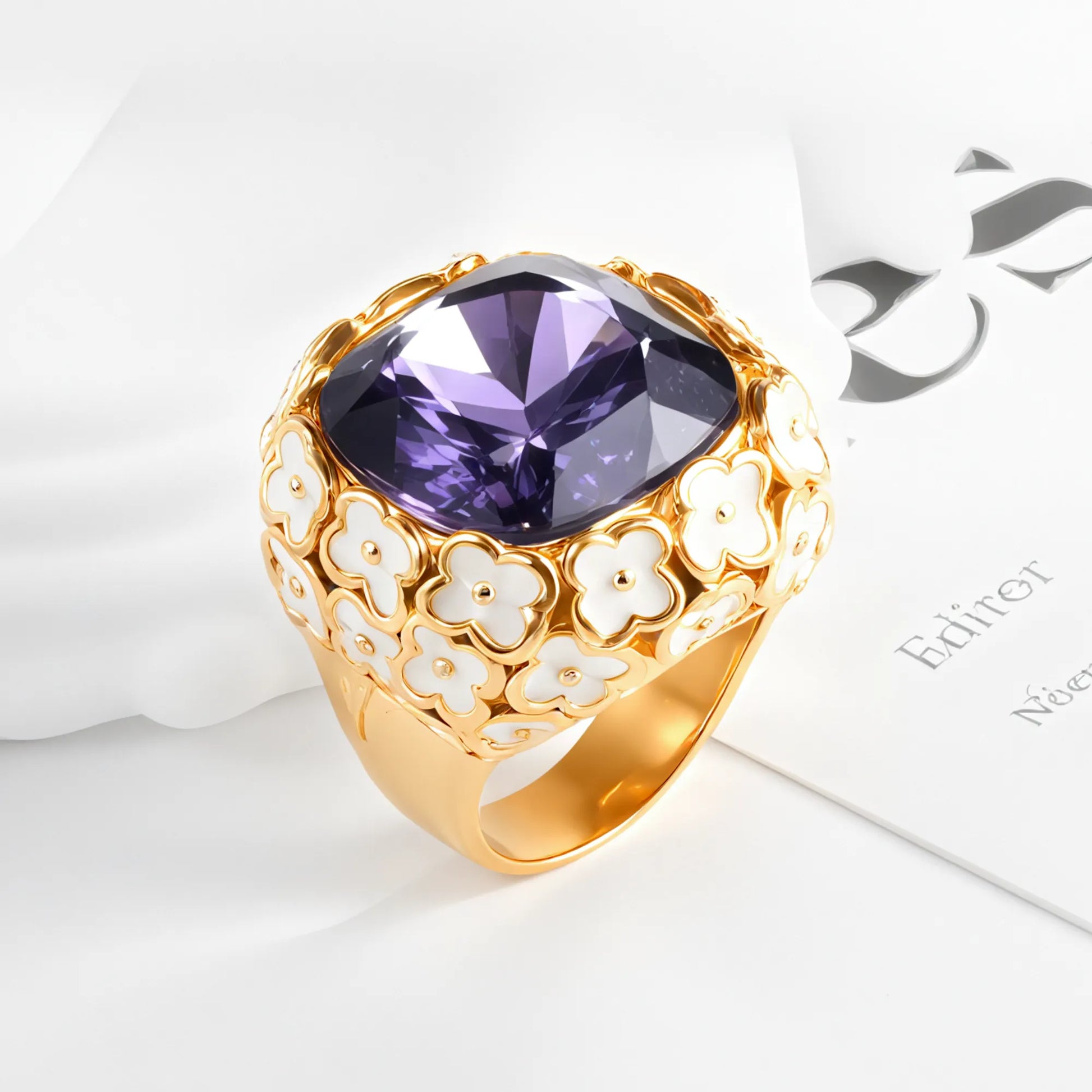 Vintage Inspired Flower Border Stainless Steel Gemstone Ring Women Ring | G004468