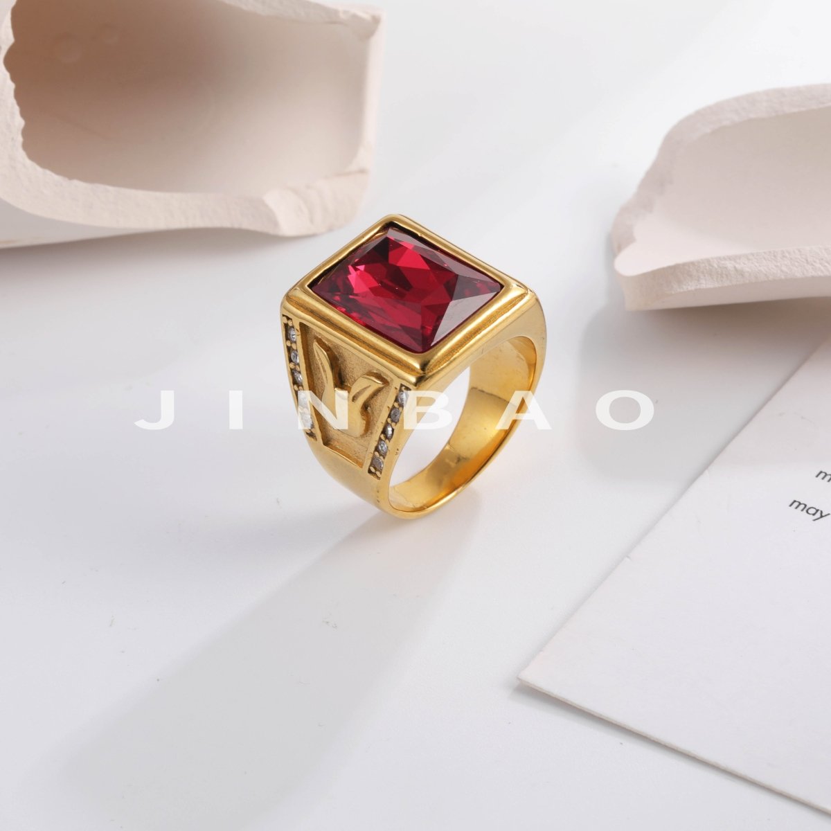 Vintage 24K gold-plated square crystal stainless steel ring for men | BL101
