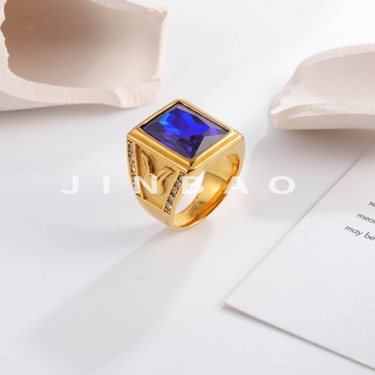 Vintage 24K gold-plated square crystal stainless steel ring for men | BL101