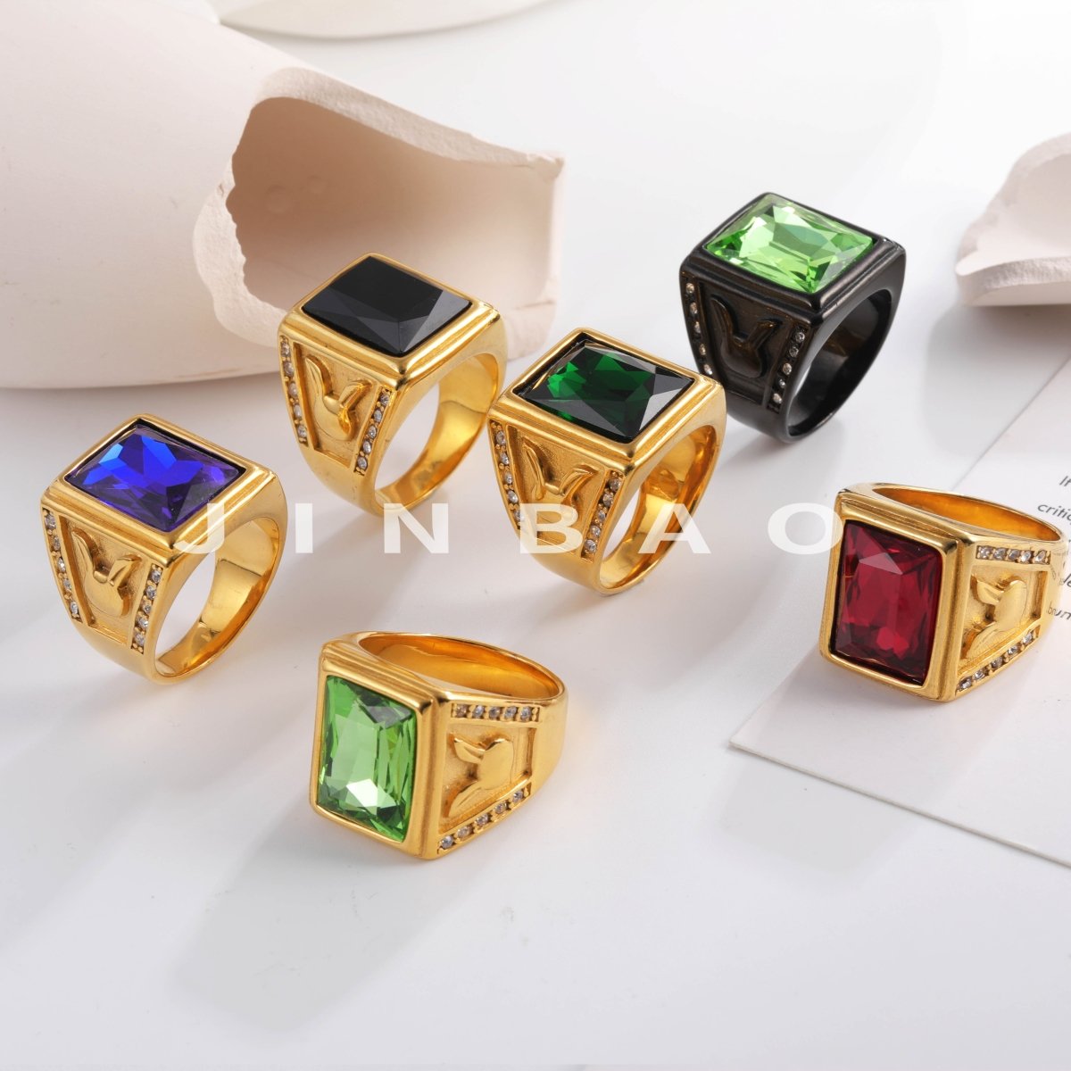Vintage 24K gold-plated square crystal stainless steel ring for men | BL101
