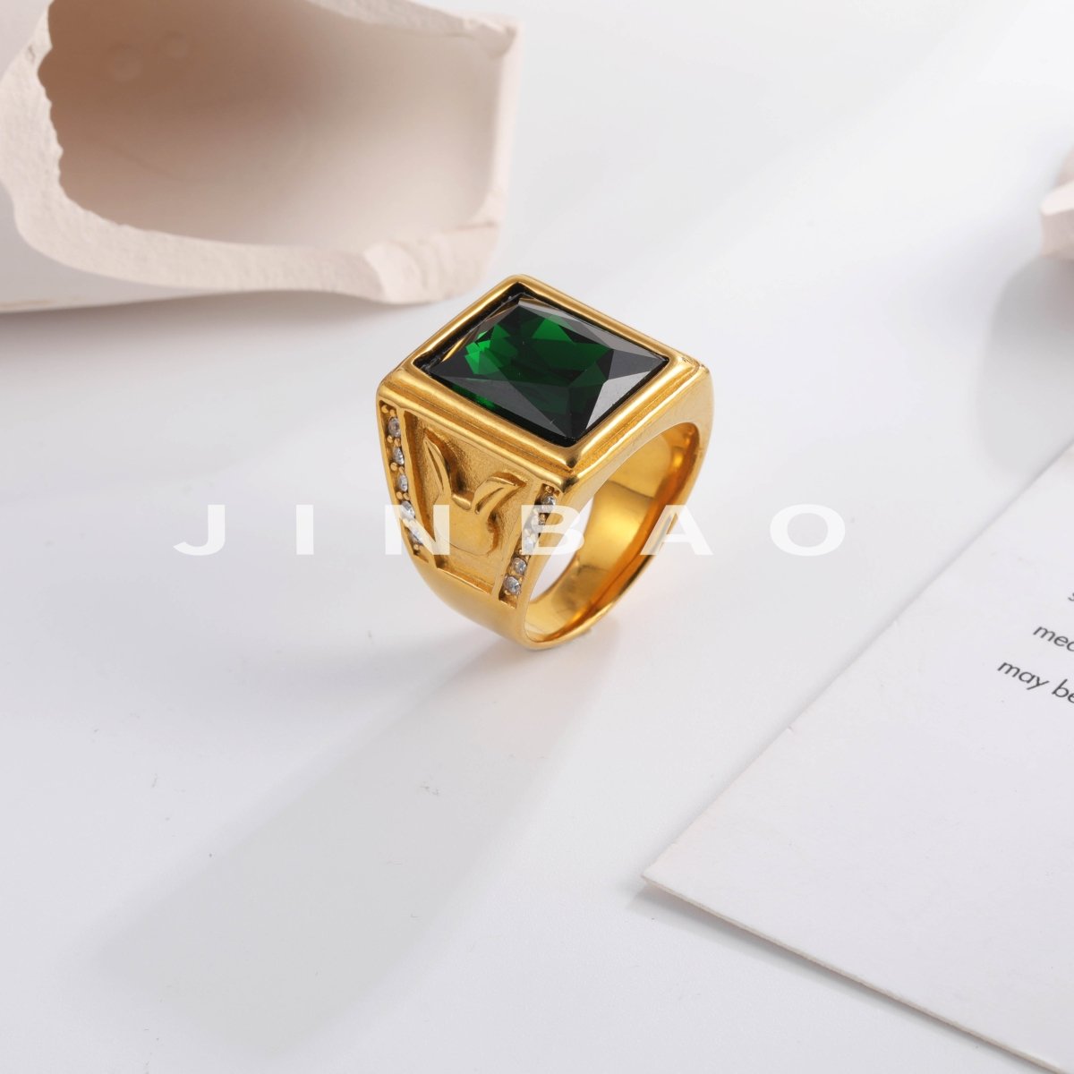 Vintage 24K gold-plated square crystal stainless steel ring for men | BL101
