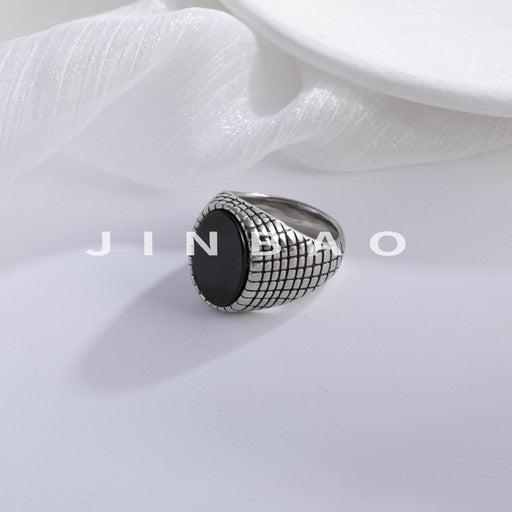 Retro Grid Engraved Minimalist Black Round Stainless Steel Men's Ring | B357