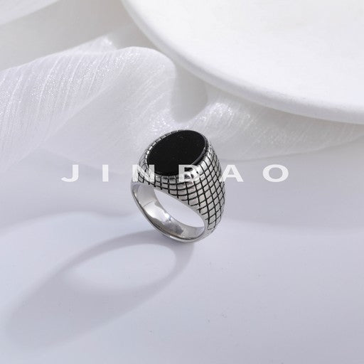 Retro Grid Engraved Minimalist Black Round Stainless Steel Men's Ring | B357