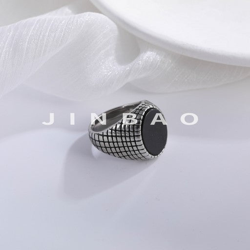 Retro Grid Engraved Minimalist Black Round Stainless Steel Men's Ring | B357