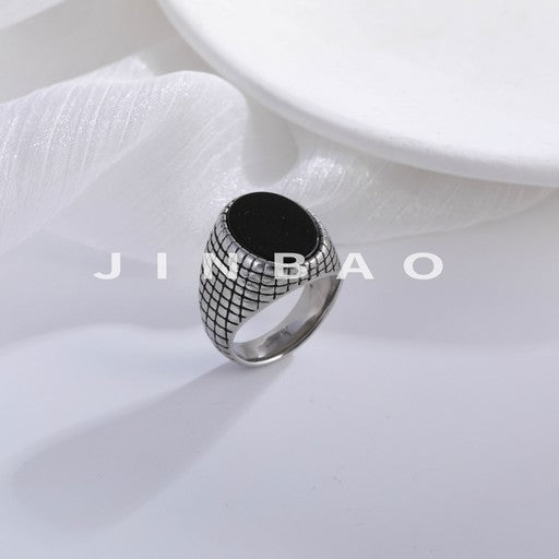 Retro Grid Engraved Minimalist Black Round Stainless Steel Men's Ring | B357