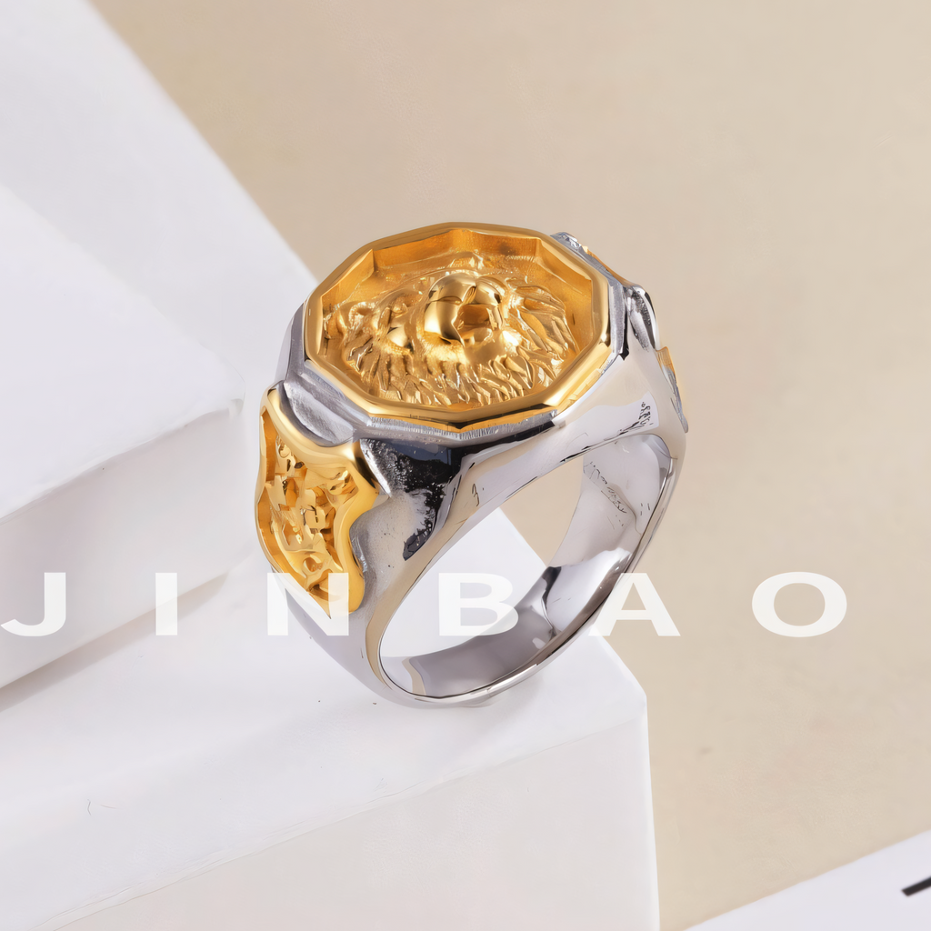 Vintage octagonal lion head stainless steel men's ring | G001011