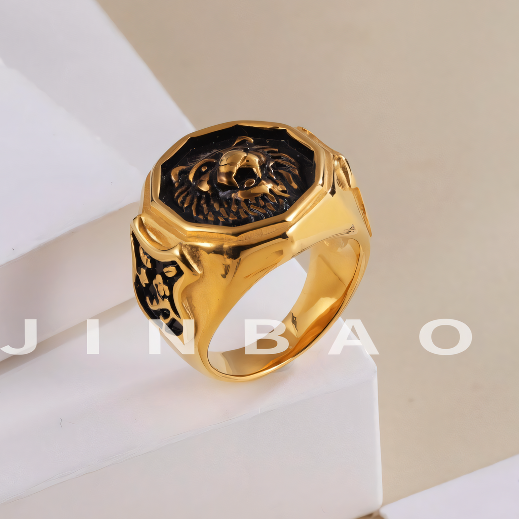 Vintage octagonal lion head stainless steel men's ring | G001011