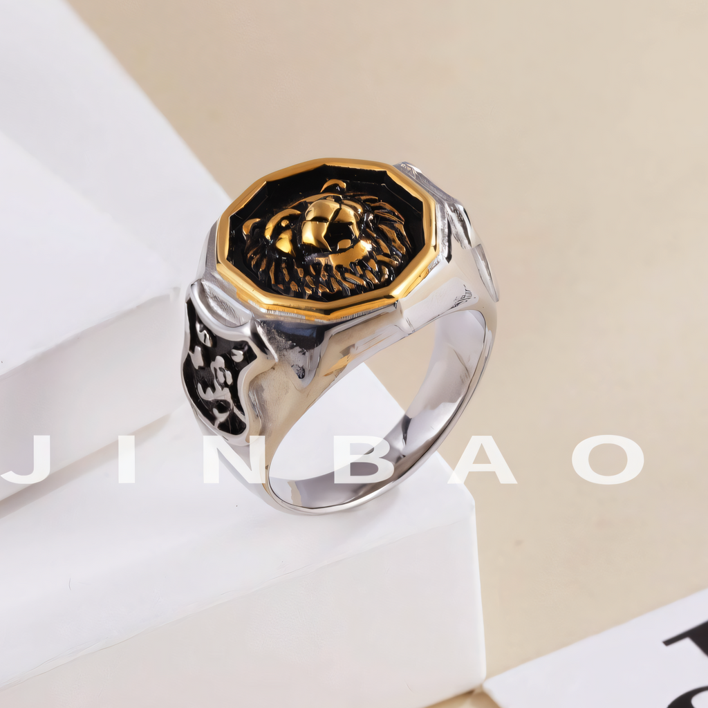 Vintage octagonal lion head stainless steel men's ring | G001011