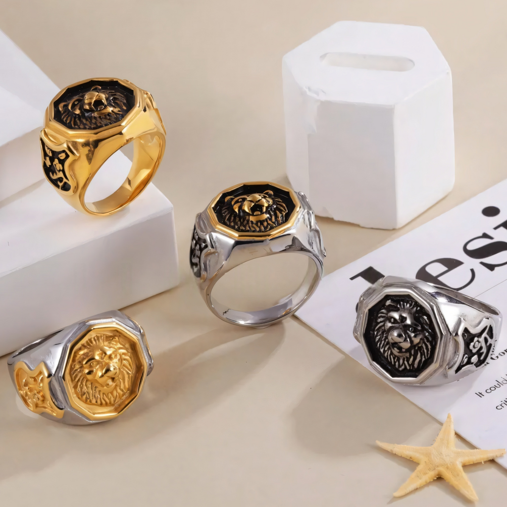 Vintage octagonal lion head stainless steel men's ring | G001011
