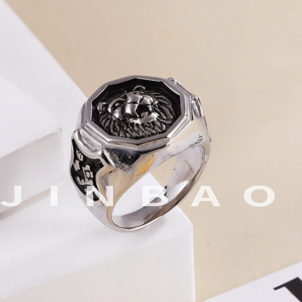 Vintage octagonal lion head stainless steel men's ring | G001011