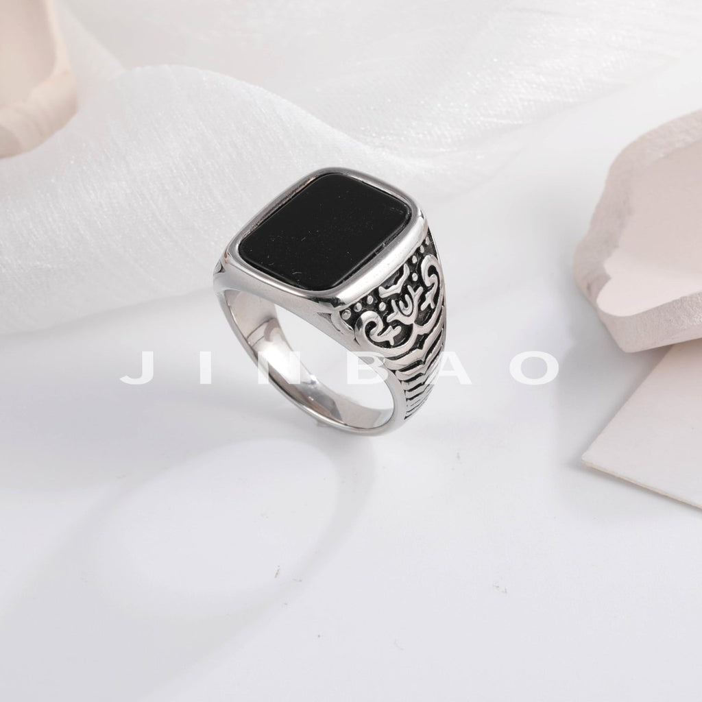 Retro Square Black Gemstone Ring Men's Unique Engraved Silver Band Classic Trendy Design | K00922