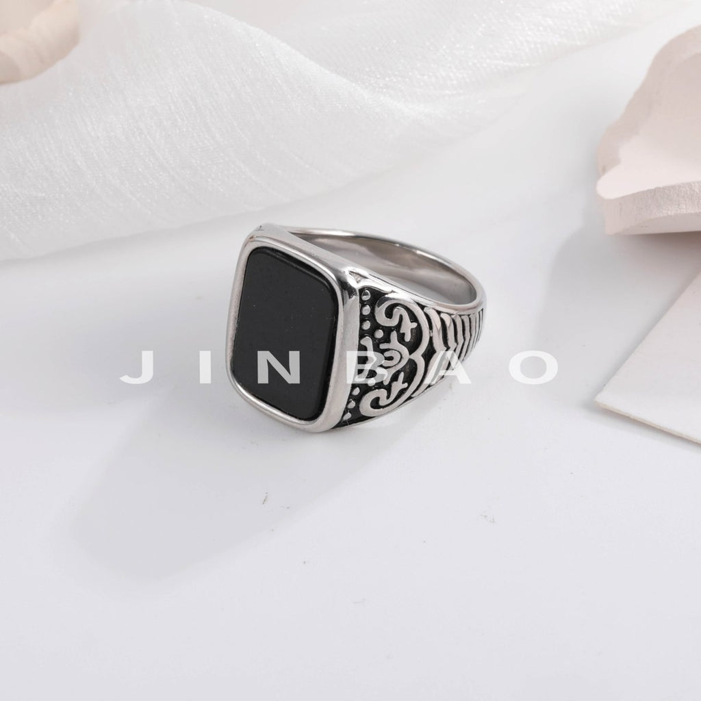 Retro Square Black Gemstone Ring Men's Unique Engraved Silver Band Classic Trendy Design | K00922