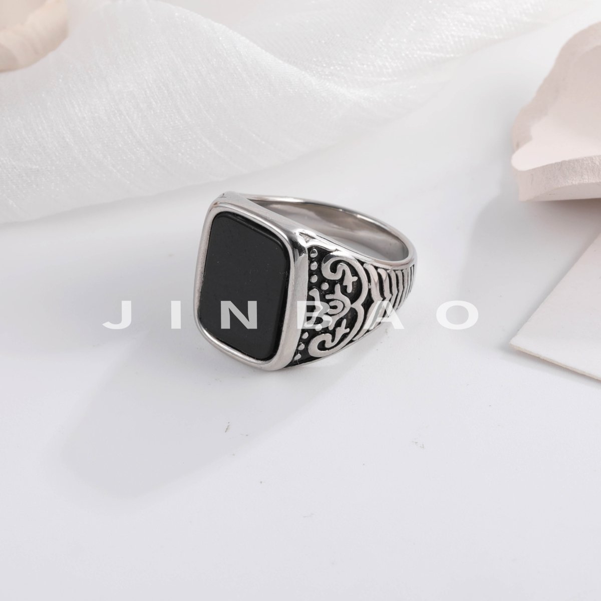 Retro Square Black Gemstone Ring Men's Unique Engraved Silver Band Classic Trendy Design | K00922