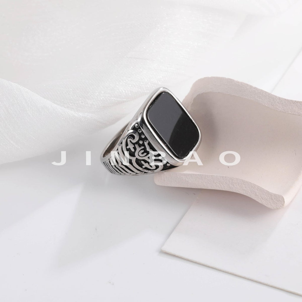 Retro Square Black Gemstone Ring Men's Unique Engraved Silver Band Classic Trendy Design | K00922