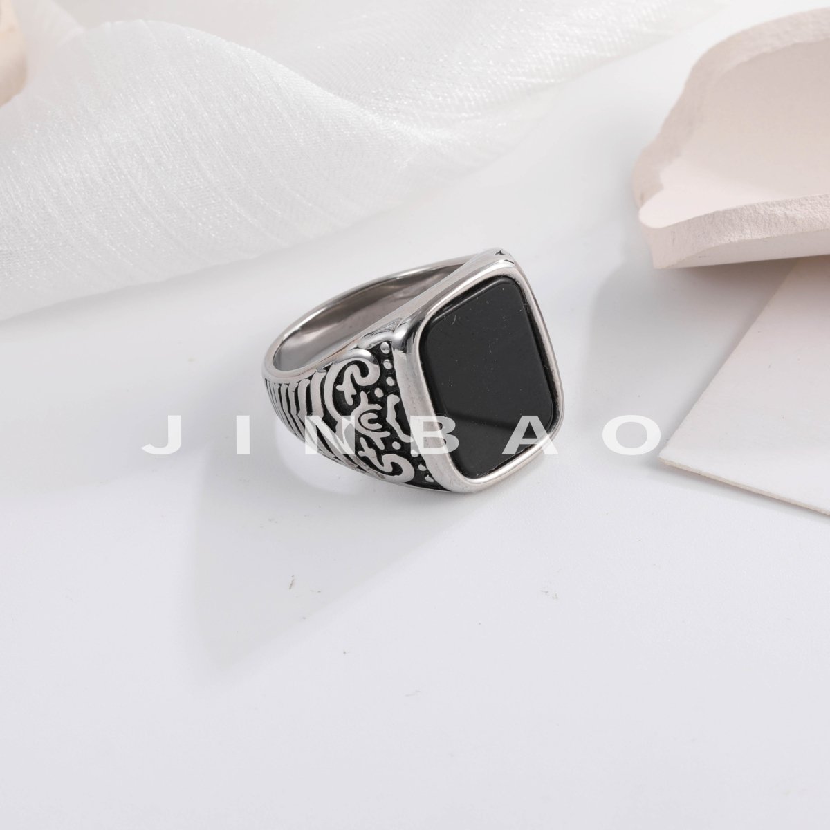 Retro Square Black Gemstone Ring Men's Unique Engraved Silver Band Classic Trendy Design | K00922