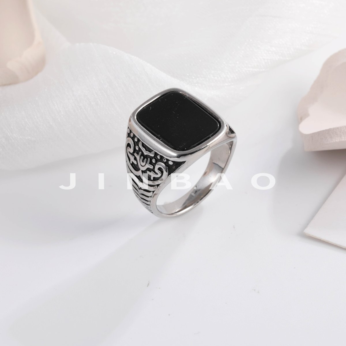 Retro Square Black Gemstone Ring Men's Unique Engraved Silver Band Classic Trendy Design | K00922