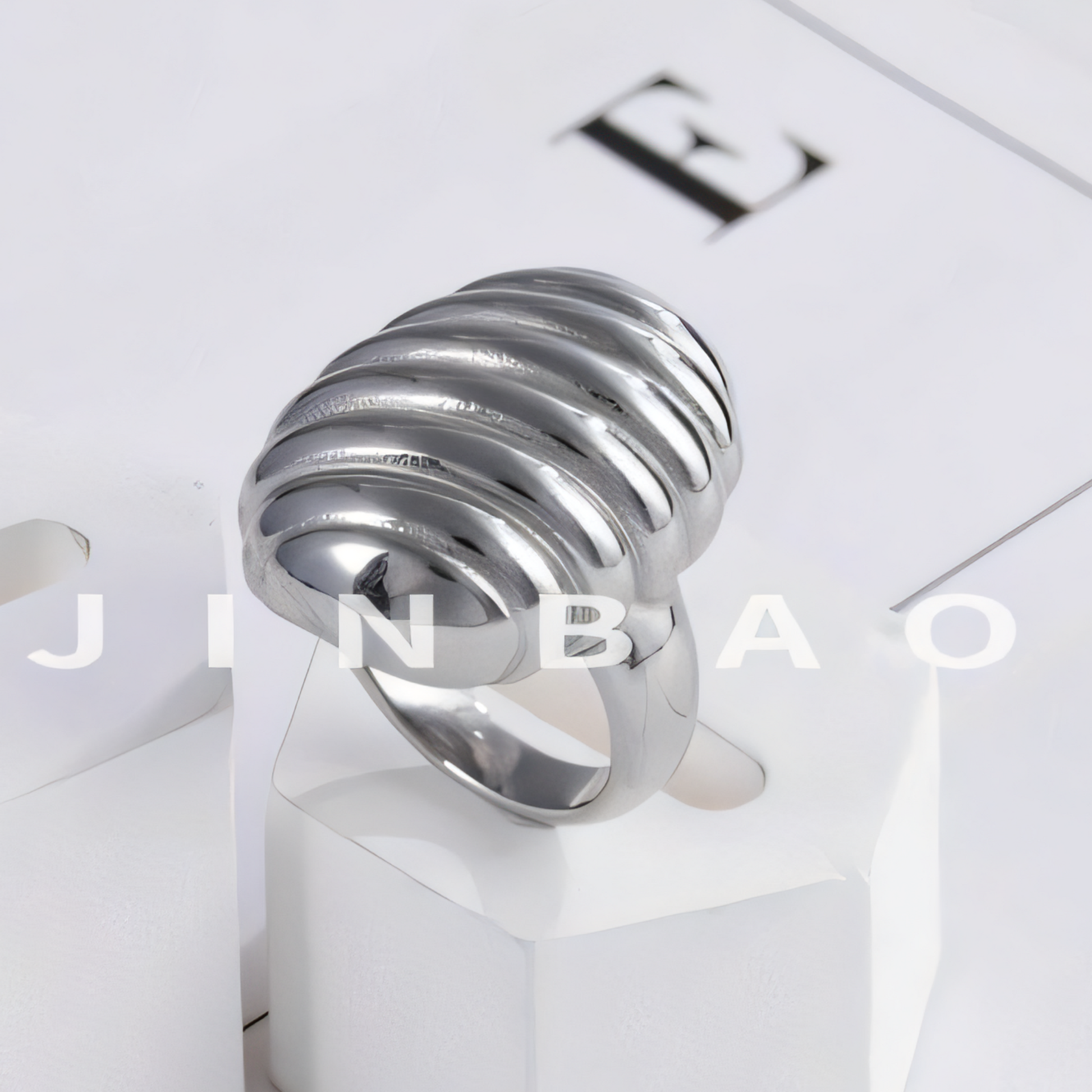 Ribbed Oval Stainless Steel Ring Modern Design for Women | ML0136