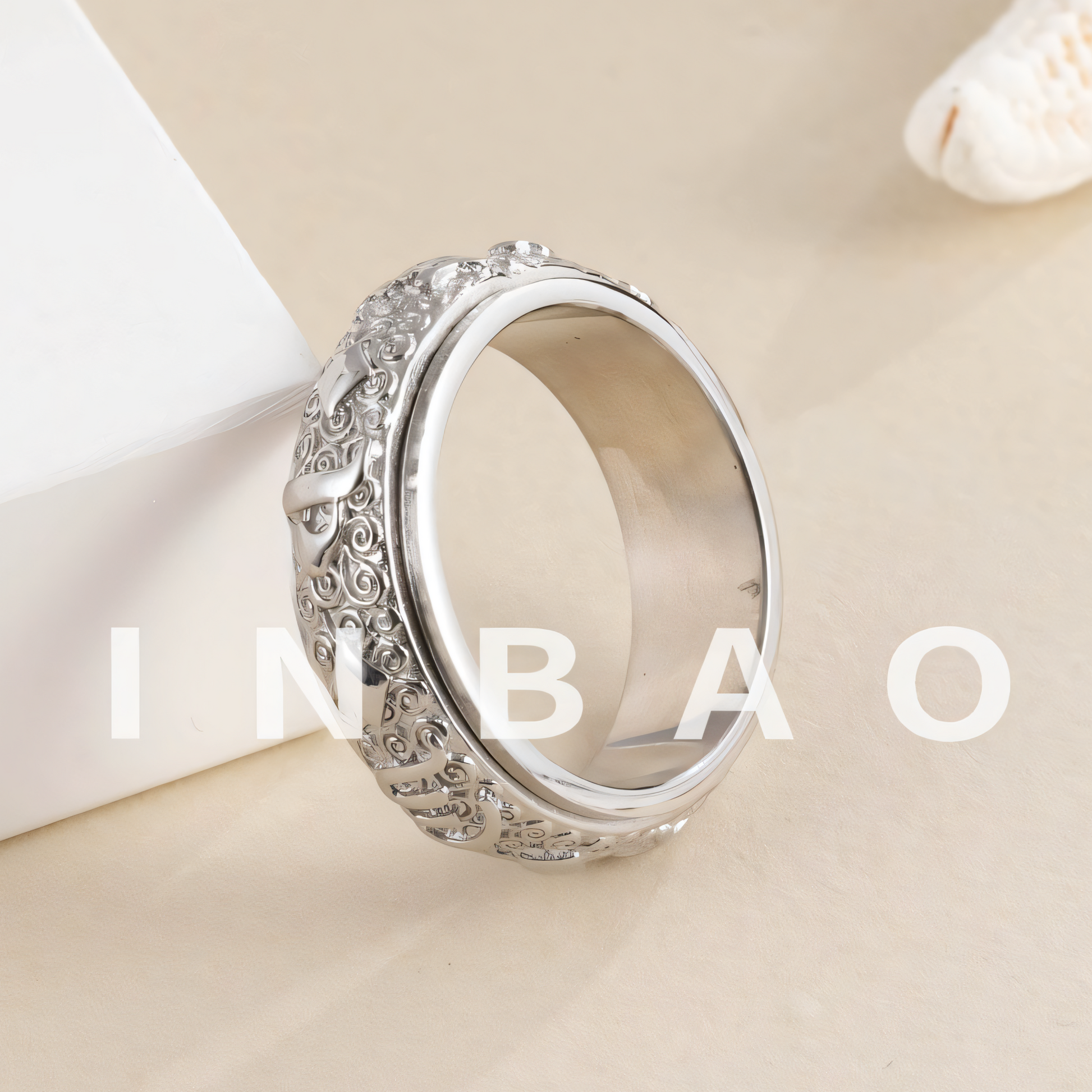 Rotatable Stainless Steel Ring Buddhist Scripture Design Meditation Band | A375