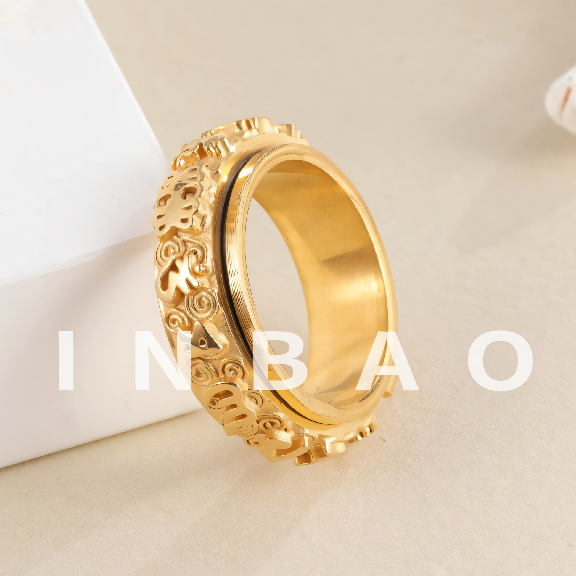 Rotatable Stainless Steel Ring Buddhist Scripture Design Meditation Band | A375