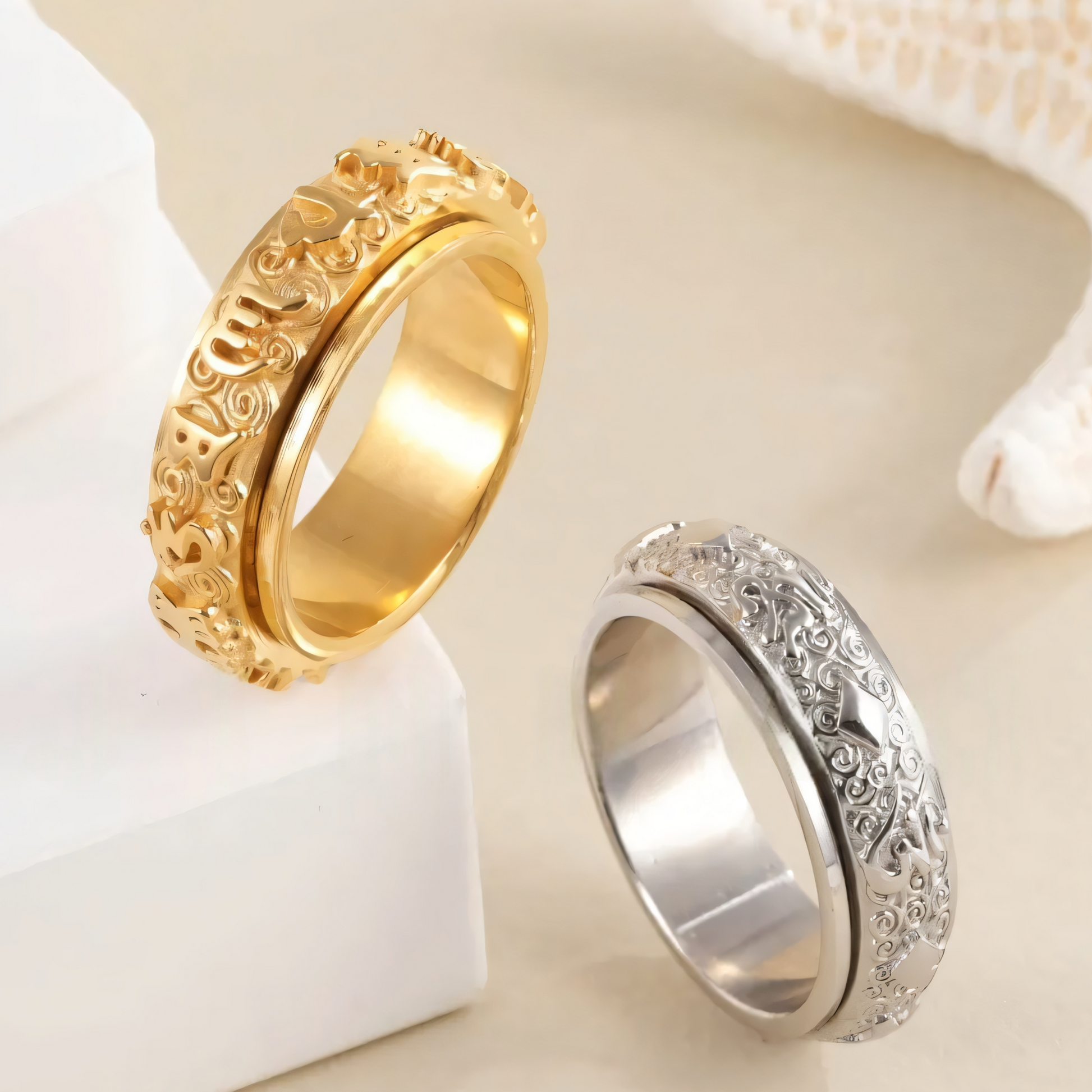 Rotatable Stainless Steel Ring Buddhist Scripture Design Meditation Band | A375