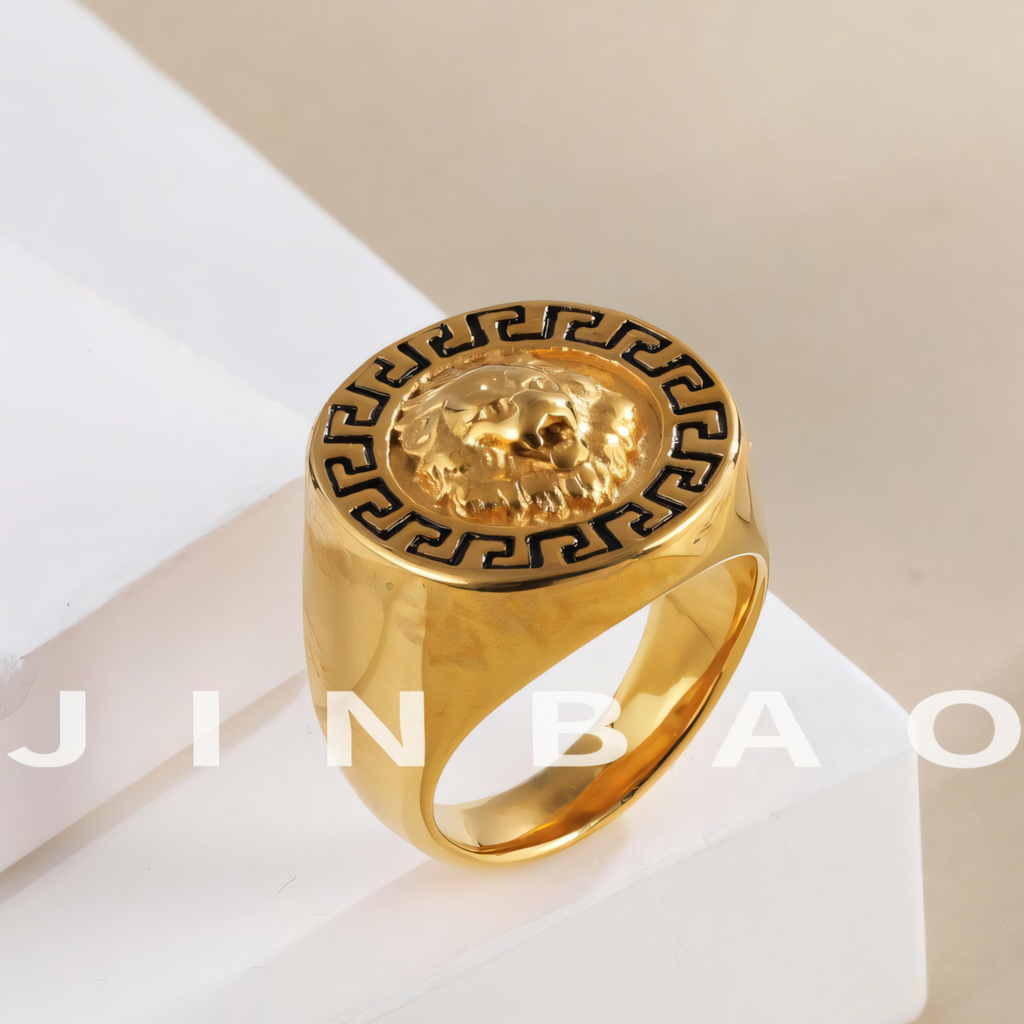 Stainless Steel Lion Head with Greek Key Pattern Men ring | A385
