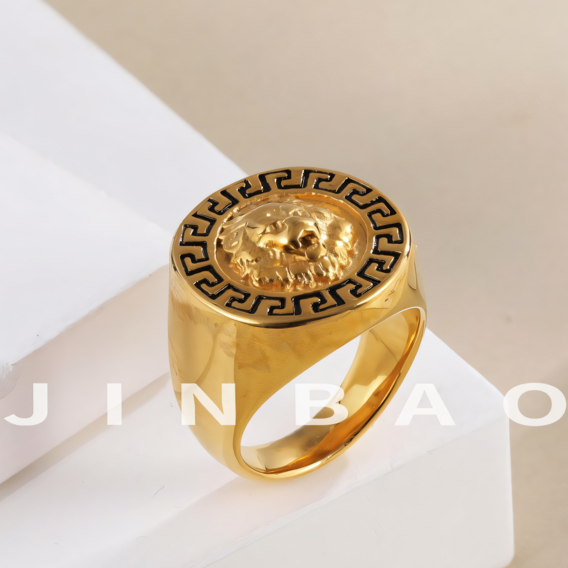 Stainless Steel Lion Head with Greek Key Pattern Men ring | A385