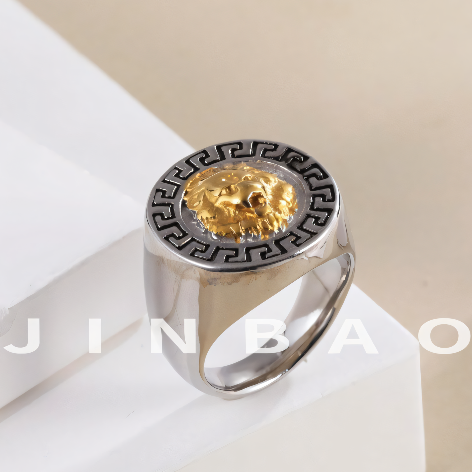 Stainless Steel Lion Head with Greek Key Pattern Men ring | A385