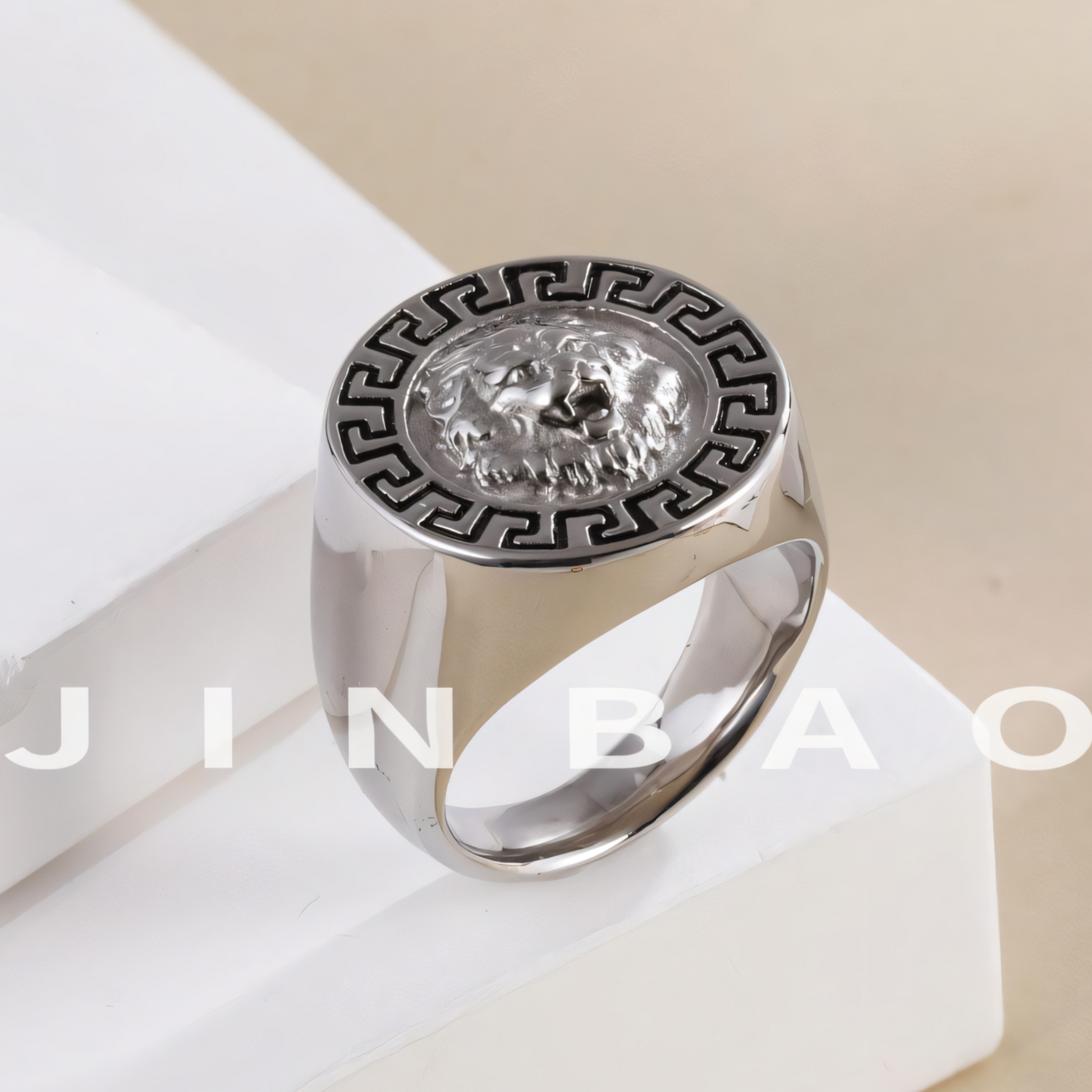Stainless Steel Lion Head with Greek Key Pattern Men ring | A385