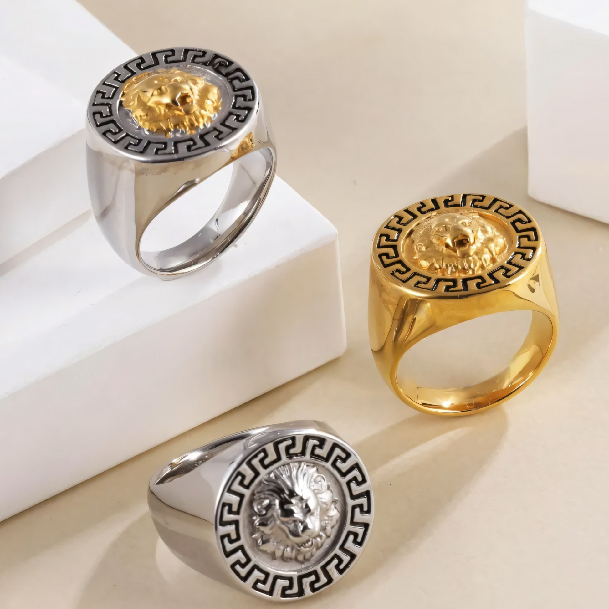 Stainless Steel Lion Head with Greek Key Pattern Men ring | A385