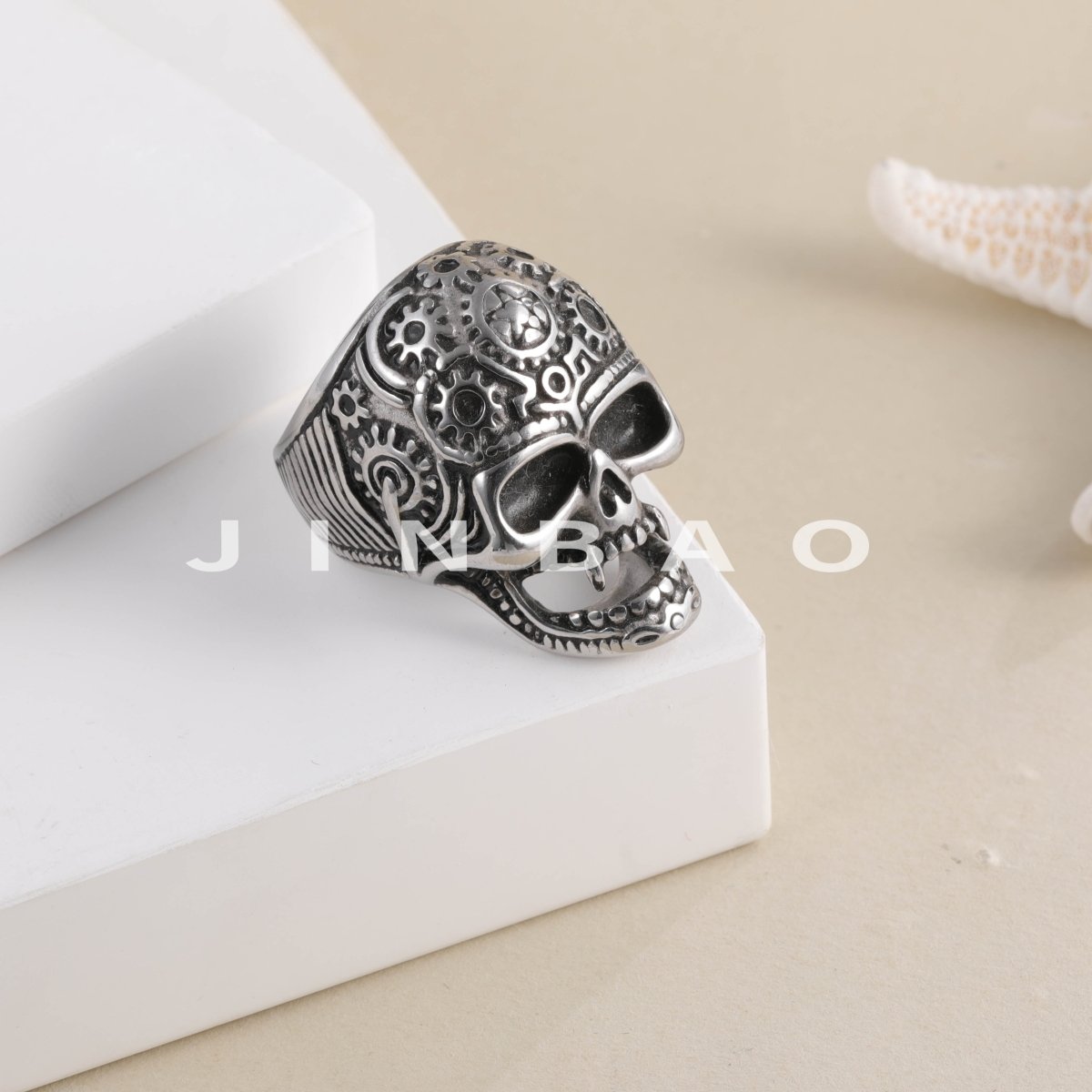 Steampunk Skull Stainless Steel Ring with Red Eyes Unique Gear Design | DZ280