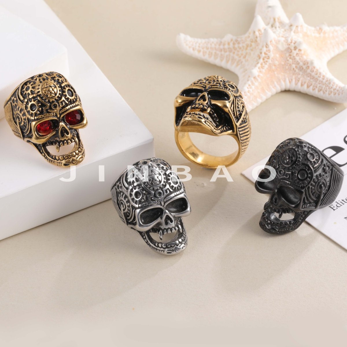 Steampunk Skull Stainless Steel Ring with Red Eyes Unique Gear Design | DZ280