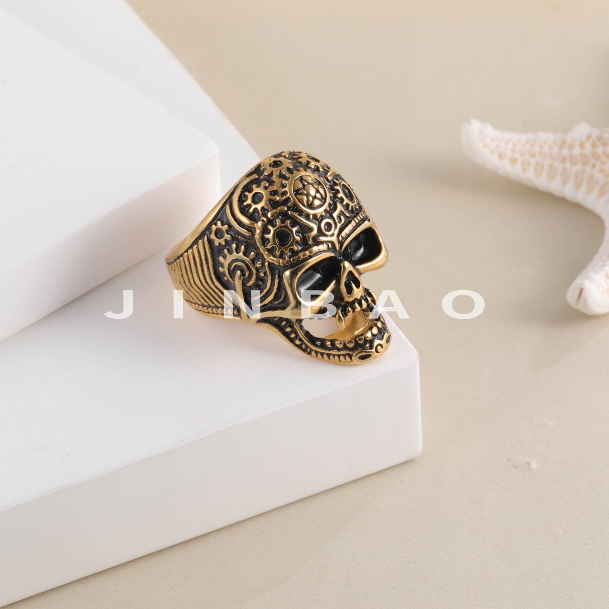 Steampunk Skull Stainless Steel Ring with Red Eyes Unique Gear Design | DZ280